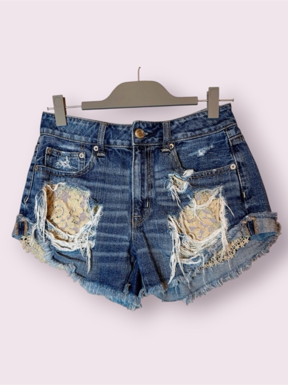 American Eagle Hi-Rise Festival Jean Shorts Distressed With Lace Details Size 6